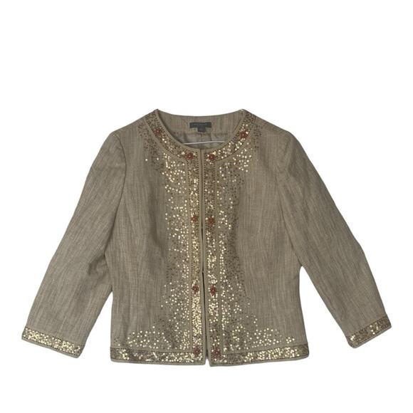 Ann Taylor womens 12 petite blazer silk linen beaded business casual tan minimal - Picture 1 of 10